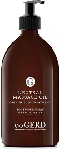 A brown bottle with a pump labeled 'Neutral Massage Oil' for body treatment and relaxation.