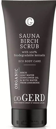 A black tube lotion labeled Sauna Birch with natural ingredients like birch, sunflower oil, and water for body care.
