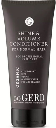 A black tube of hair conditioner for normal hair with white and gray text, mentions organic ingredients and vegan formula.