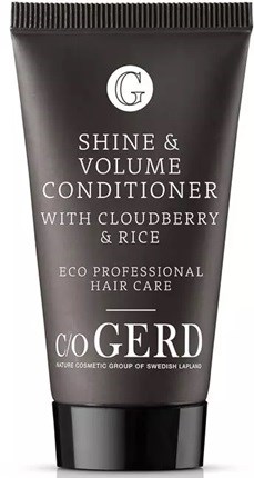 Black tube of hair conditioner with white text, states it offers shine, volume, and is made with cloudberry and rice.