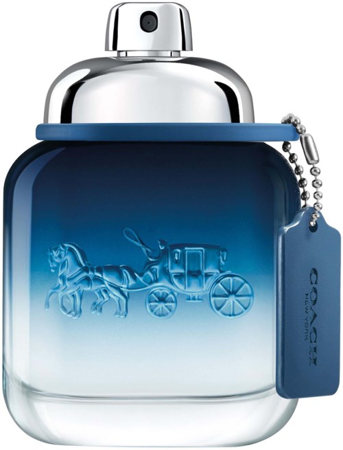 A bottle of Coach perfume with a horse and carriage logo on the front and a blue tag hanging on the side.
