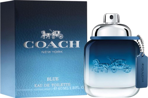 Blue Coach perfume bottle and box with horse and carriage logo, scent name, and product details.