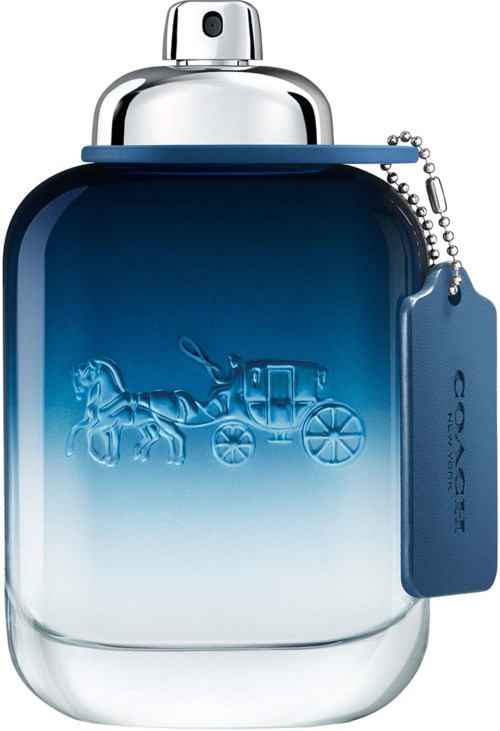 A Coach perfume bottle with a silver cap, blue gradient glass body, and horse-drawn carriage emblem.