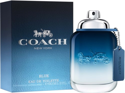A perfume bottle and box for Coach Blue Eau de Toilette, both feature a horse-drawn carriage design.