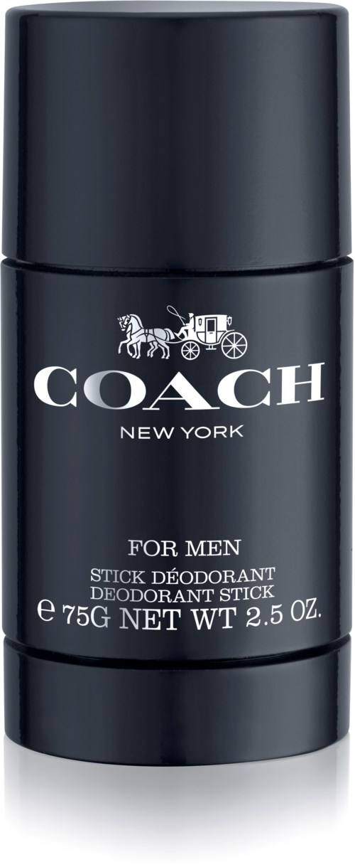 A black deodorant stick container with white text, labeled 'COACH NEW YORK for Men.'