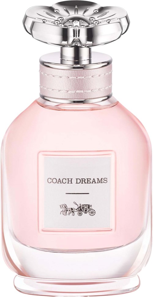 A pink perfume bottle with a shiny silver cap and a label that says Coast Dreams. The bottle is rounded and elegant.