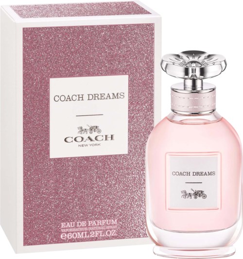A pink perfume bottle and a matching checkered pink box with "Coach Dreams" written on them.