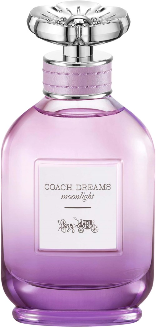 A pink and purple perfume bottle with a silver cap labeled Coach Dreams moonlight. It features a horse and carriage illustration.