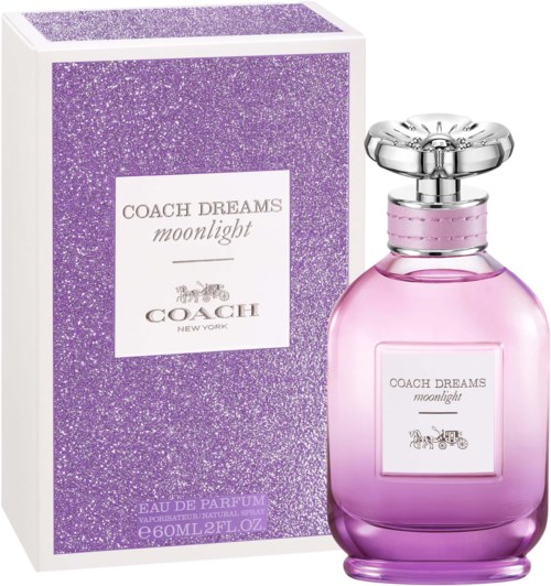 A pink perfume bottle with a silver and pink cap, and a glittery purple box labeled Coach Dreams moonlight.