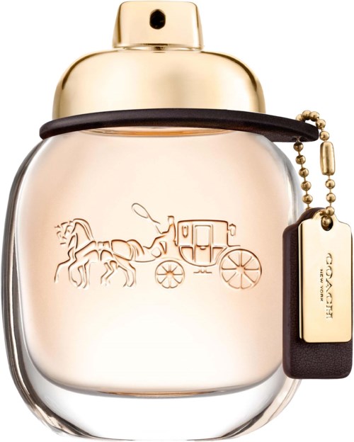 A perfume bottle with gold and black details, engraved horse and carriage, and a small tag attached with a chain.