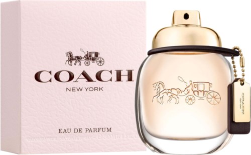 A perfume bottle with a gold cap and a pink box with the Coach logo and horse-drawn carriage.