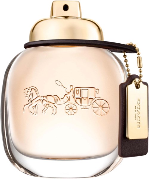 A perfume bottle with a horse-drawn carriage engraved, featuring a gold-colored cap and a black and gold tag.