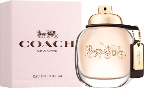 A bottle of Coach perfume in front of a pink box with a horse and carriage logo and the words Coach New York.