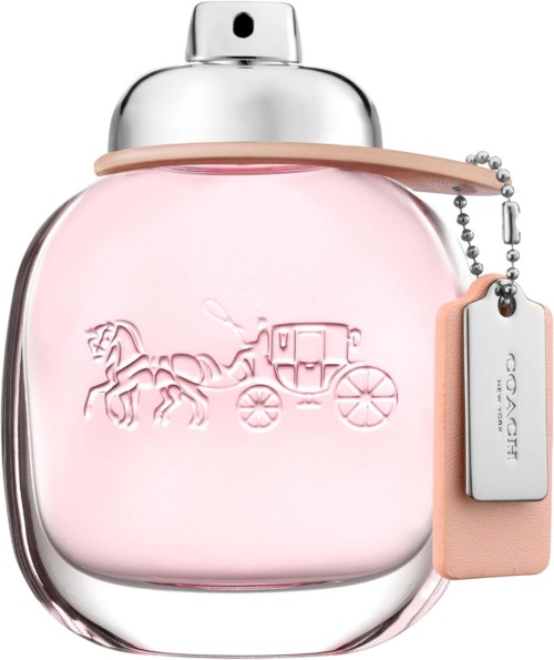 Pink perfume bottle with a silver cap and a label hanging on the side, embossed horse and carriage design.