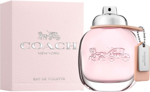 A pink bottle with a silver cap and Coach logo, and a pink box with a horse and carriage logo.