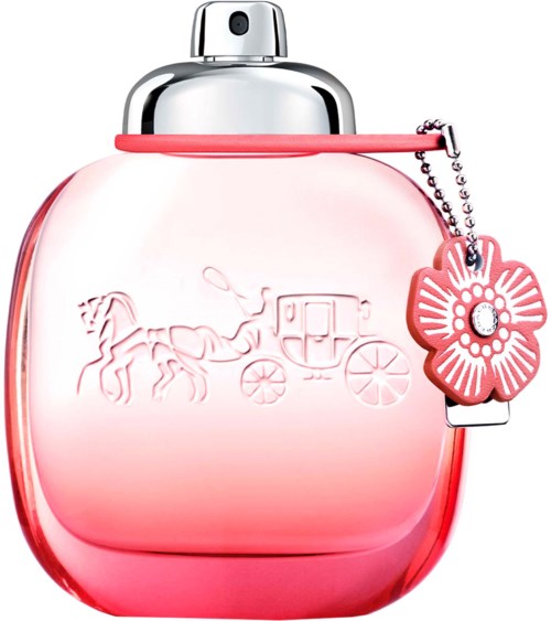 Pink perfume bottle with a horse and carriage design, decorated with a pink flower charm.