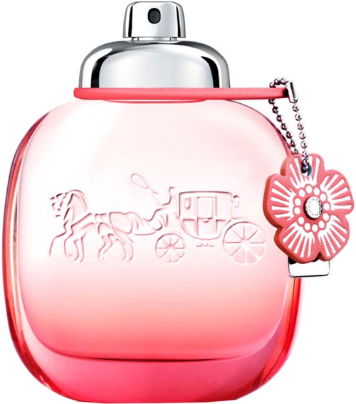 A pink perfume bottle with a horse-drawn carriage design, a silver cap, and a floral charm attached.