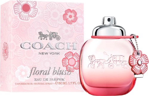 A floral pink perfume bottle with a matching box, branded Coach, featuring a horse and carriage design.