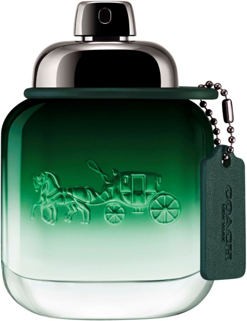 A green perfume bottle with a horse and carriage embossed, a black cap, and a tag attached.