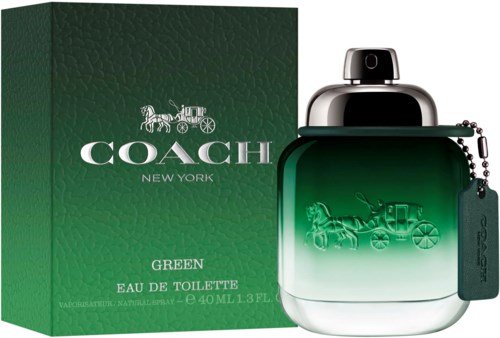 Green perfume bottle with Coach logo and box, labeled 'Eau de Toilette'. It is 40 ml. Simple design.