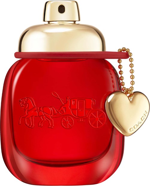 A red perfume bottle with a gold cap, featuring a heart-shaped charm and a horse-drawn carriage logo.