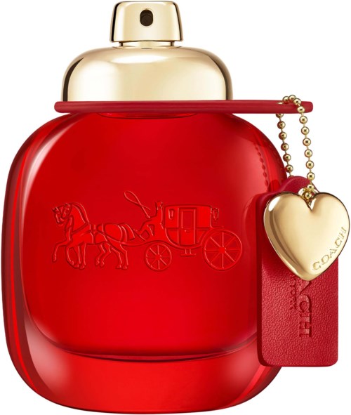 A red Coach perfume bottle with gold cap and a gold heart charm attached. The Coach logo is embossed on the bottle.