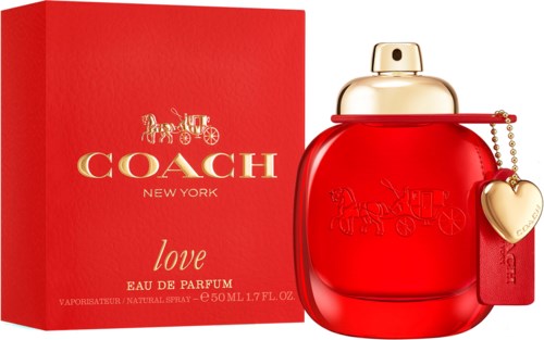 A red perfume bottle with a gold cap and heart-shaped charm next to a matching red box with gold lettering.
