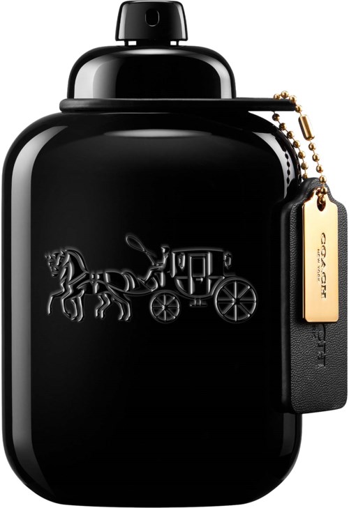 A black bottle with a horse and carriage logo, and a small attached black tag with gold lettering.