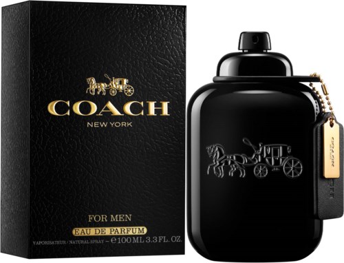A black perfume bottle and box with a gold horse and carriage logo, labeled Coach for Men Eau de Parfum.