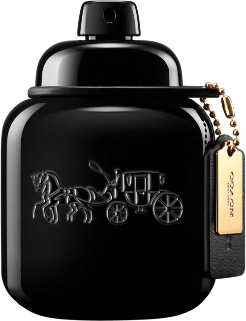 A black bottle with a gold and black keychain and a horse and carriage logo on it.