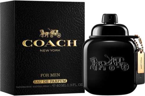 A black perfume bottle and box for Coach New York men's fragrance, featuring a horse and carriage logo, gold accents.