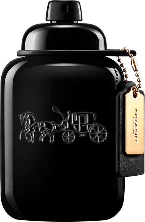 Black perfume bottle with a horse and carriage logo and a gold tag attached.