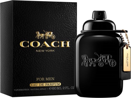 A black perfume bottle with a gold tag, next to a black box with gold and white text, logo, and horse-drawn carriage.