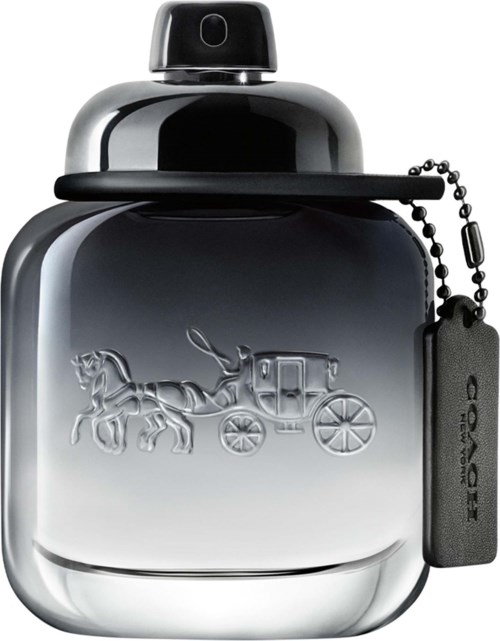 Silver perfume bottle with a horse and carriage logo, black cap, and attached black tag.