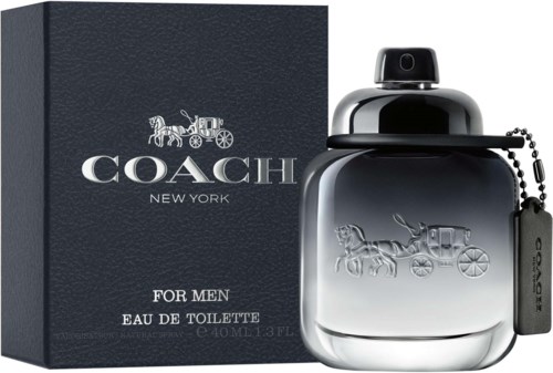 A black box and a shiny perfume bottle with a carriage and horse logo, labeled Coach for Men Eau de Toilette.