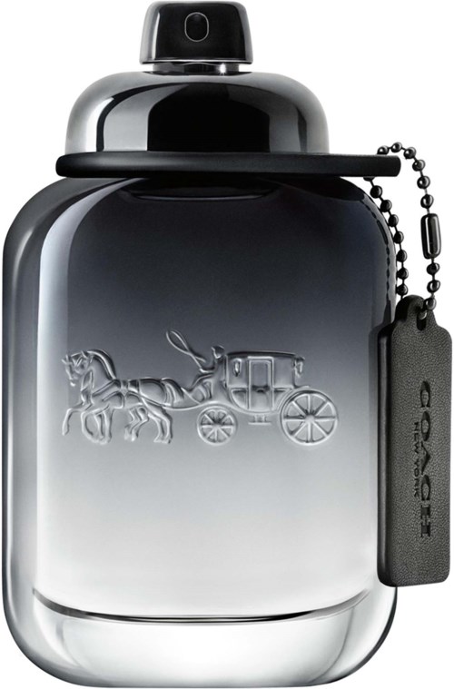 A silver perfume bottle with a horse and carriage engraving, black cap, and a hanging logo tag.