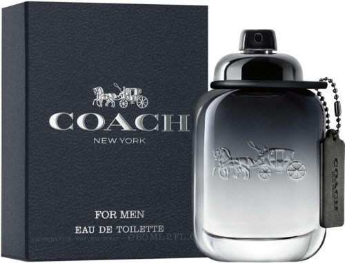 A Coach New York perfume bottle and box for men with a horse-drawn carriage logo.