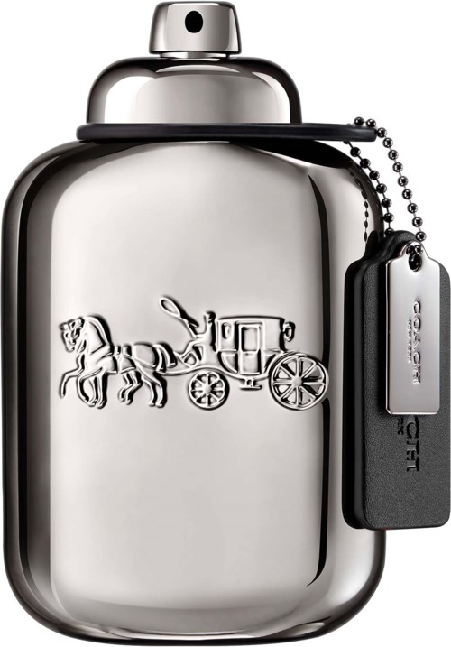 Eine glänzende silberne Flasche mit einem Pferd- und Kutsche-Logo und einem schwarzen Schlüsselanhänger.