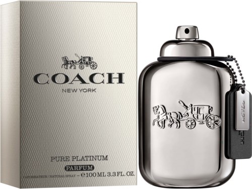 Ein Parfümflasche und eine Box mit dem Coach-Logo und einem Pferd und Wagen-Design in Silber.