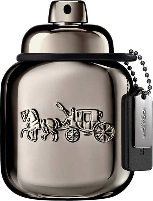 Ein glänzender Parfümflasche mit einem Pferd und Kutsche Design und einem schwarzen Anhänger.