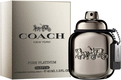 Ein Coach Parfümflasche und Box, beide silbern mit einem Pferd und Wagen Logo, bezeichnet als Pure Platinum Parfum.