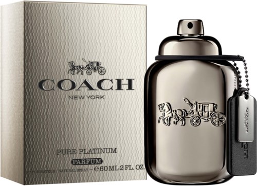 Eine Coach-Parfüflasche und eine Schachtel, beide silbern mit einem Kutscherwagen-Logo.