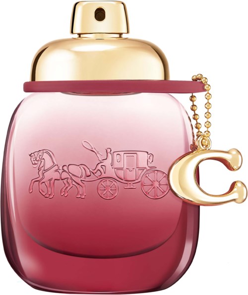 A pink and gold perfume bottle with a horse and carriage engraving and a chain with a horseshoe charm.