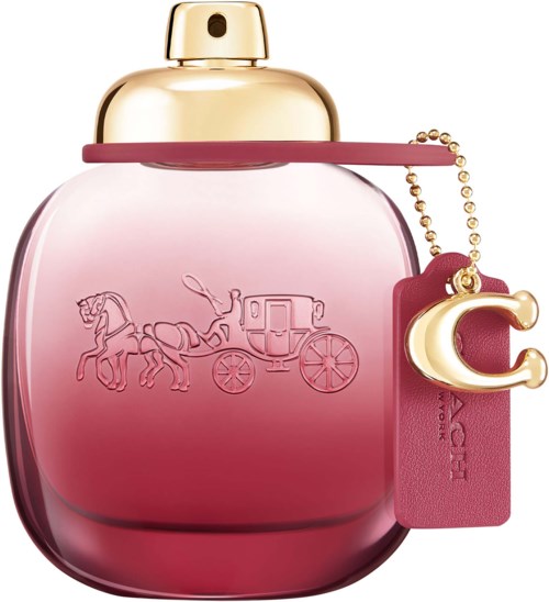 A pink perfume bottle with a gold cap, a horse-drawn carriage logo, and a keychain with a pink tag and gold crescent.