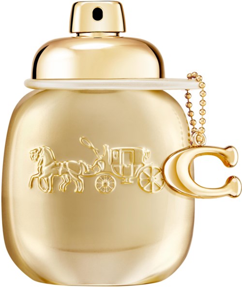 Gold-colored perfume bottle with a horse and carriage design, featuring a chain with a letter 'C'.