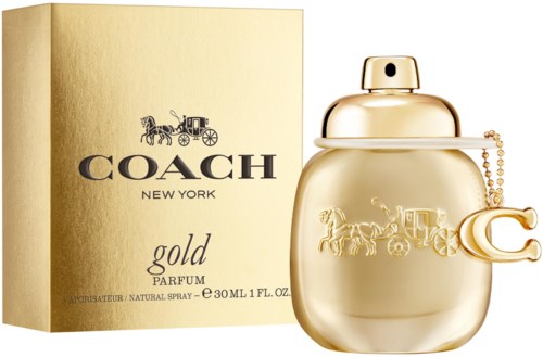Gold perfume bottle with a box, features a horse and carriage logo, and a chain with a 'C' charm.