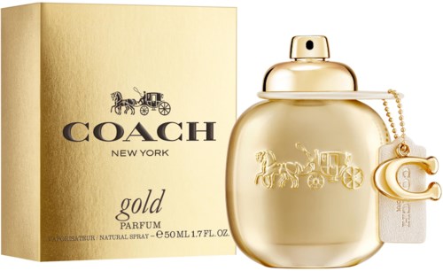 En guldig parfyllflaska med Coach-logga och matchande box, som betonar lyx och elegans.
