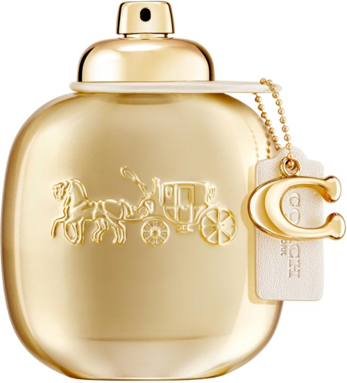 Guldfärgad flaska med häst och vagn-logga, en nyckelformad charm fäst, elegant och lyxig utseende.