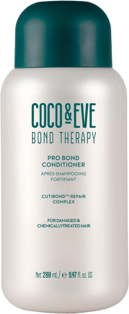 A white bottle with a teal cap, labeled Coco & Eve Bond Therapy Pro Bond Conditioner for damaged hair.