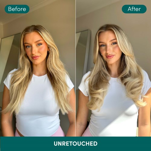Before and after photos of a woman showing her hair being retouched or styled.